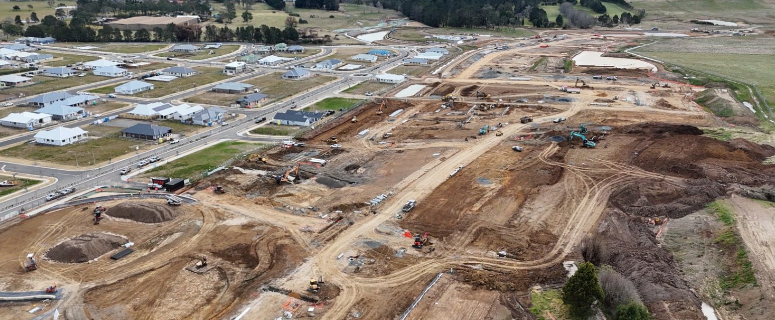 Aerial drone photography of a new housing estate development and earthworks